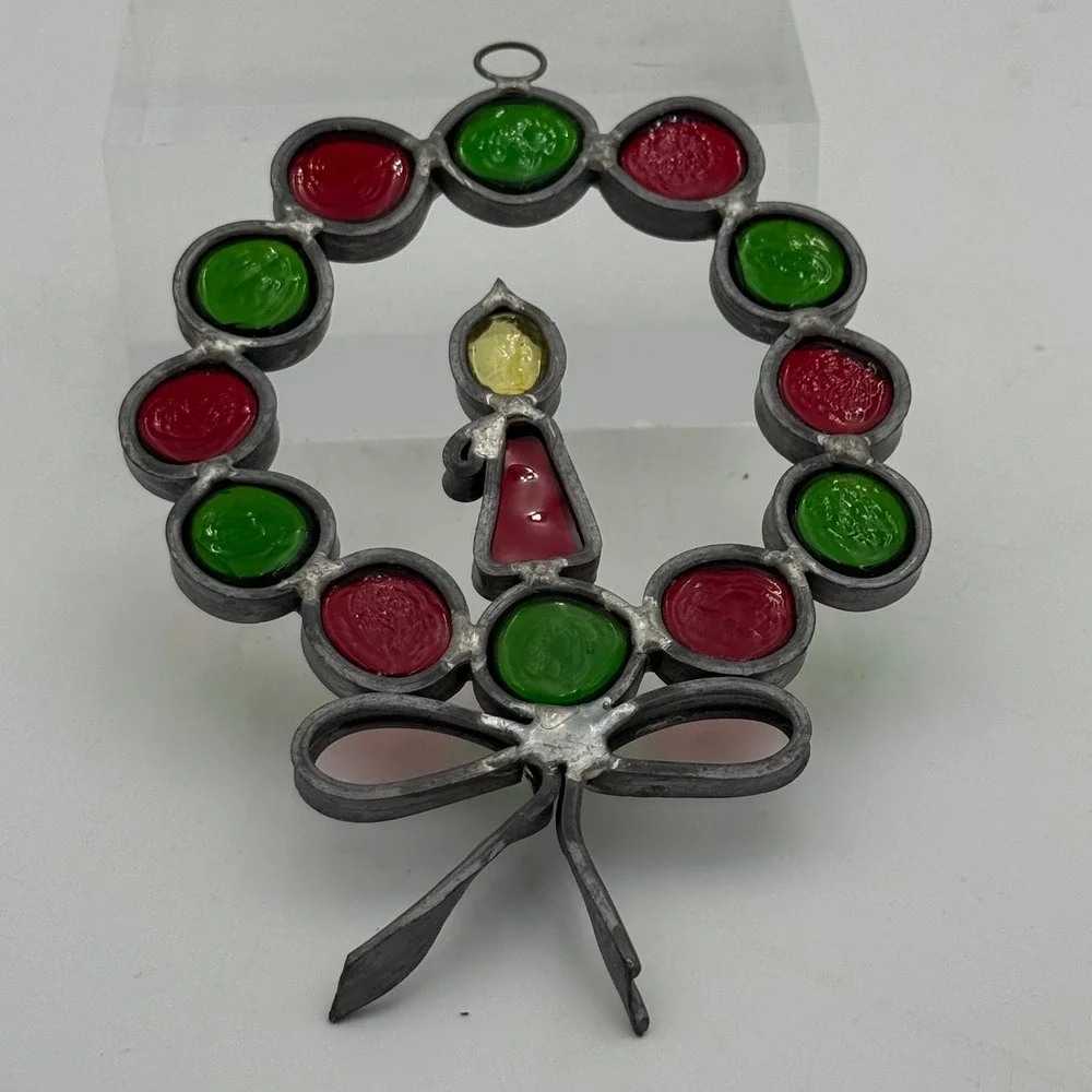 Vintage Stained Glass Christmas Wreath Suncatcher Candle Red Green Holiday Decor